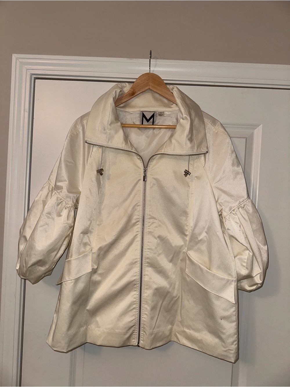 Marc Bouwer Cream Satin Trench Coat with Balloon Sleeves